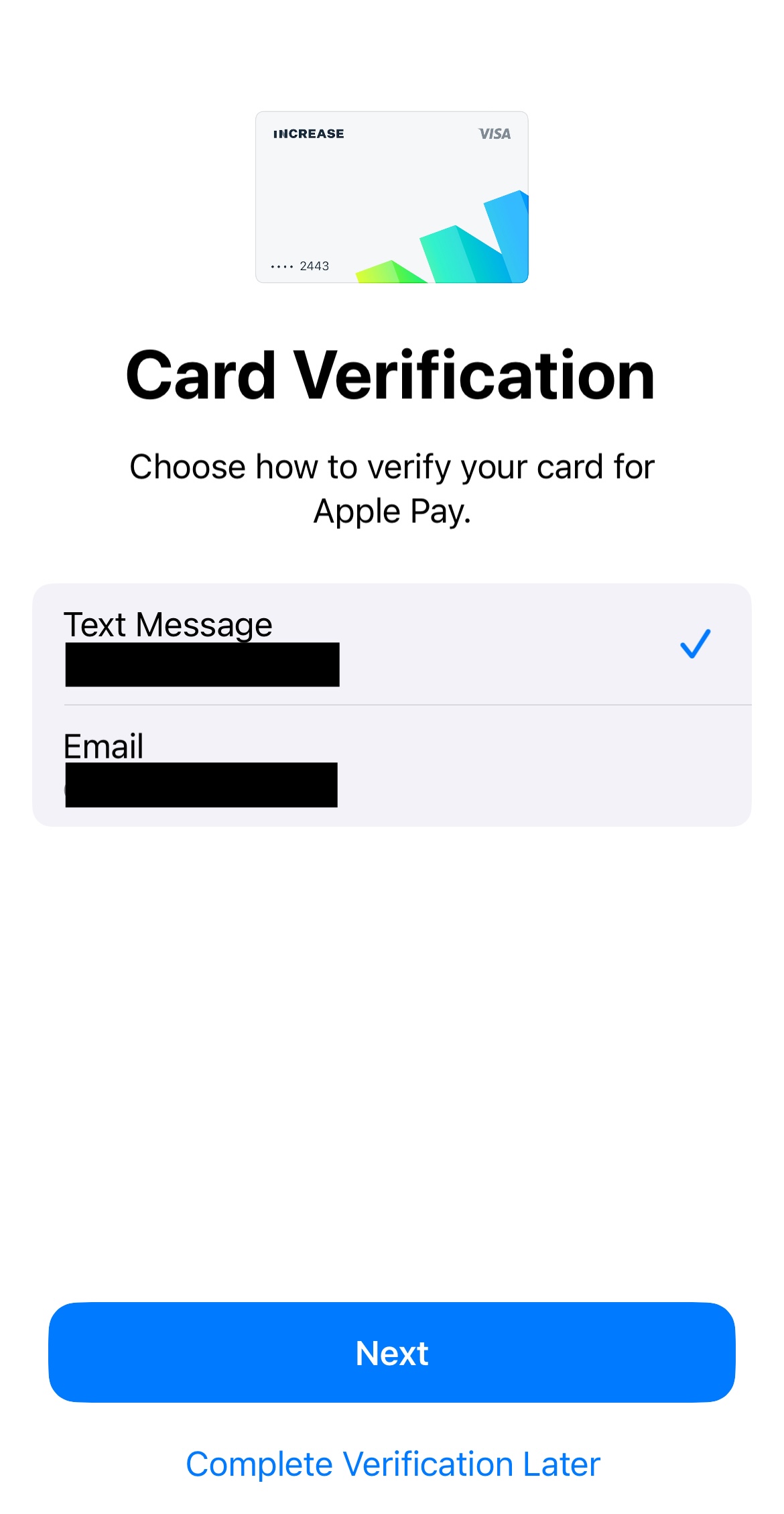 Apple Pay choose verification method