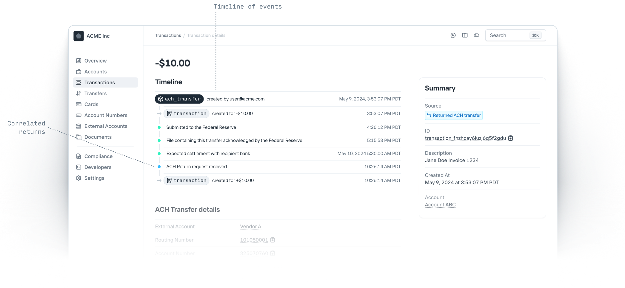 ACH timeline in Increase's Dashboard