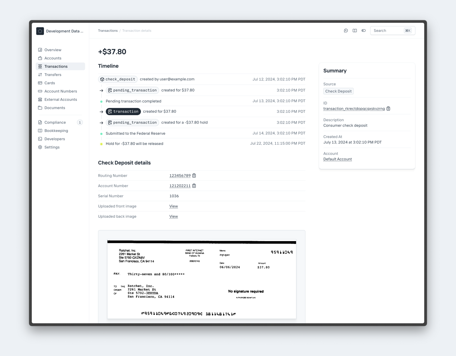 Check transfer Dashboard